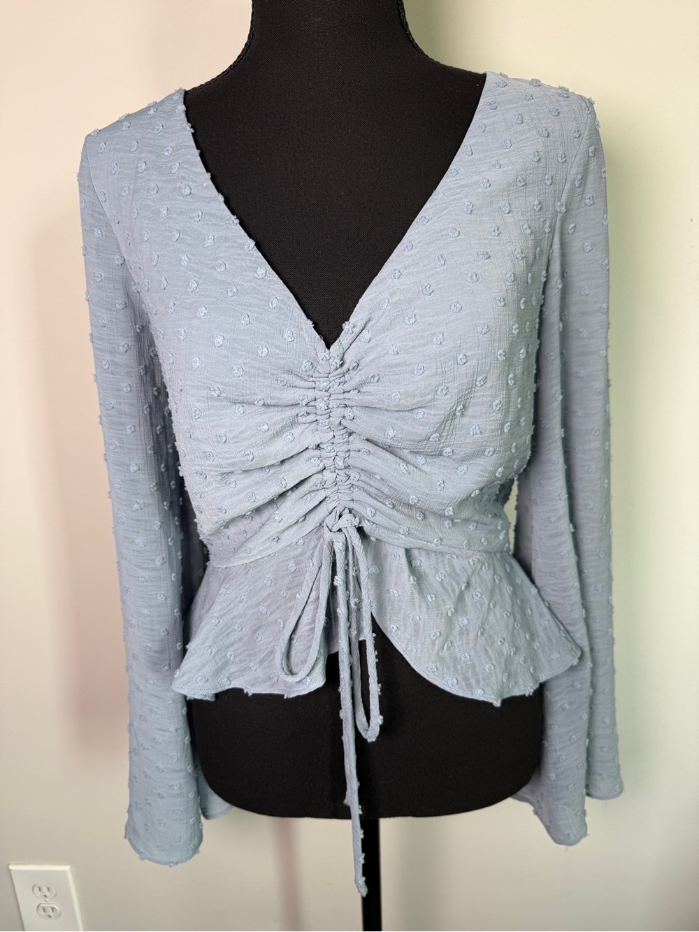 Lucy Paris Smocked Clip Dot Peplum Top Ruched Tie Boho Dusty Blue Sz M